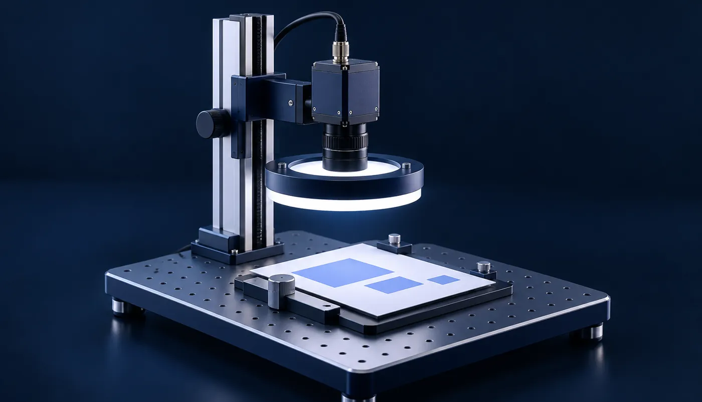 Ilustración conceptual de un sistema de visión de laboratorio; no representa la máquina real
