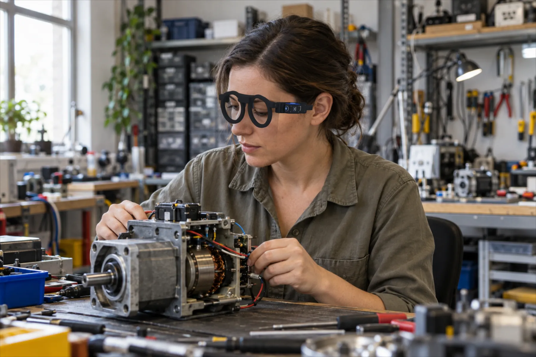 Una técnica revisa un motor en su taller con los lentes de Alba Labs en grafito y un clip puesto