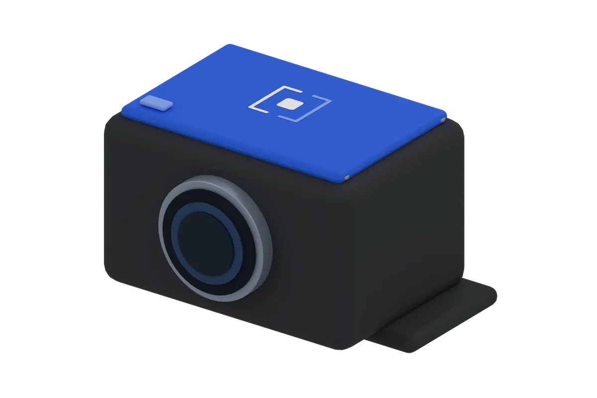 Concepto del Módulo de cámara Edge de Alba Labs: una cámara compacta en grafito con tapa azul