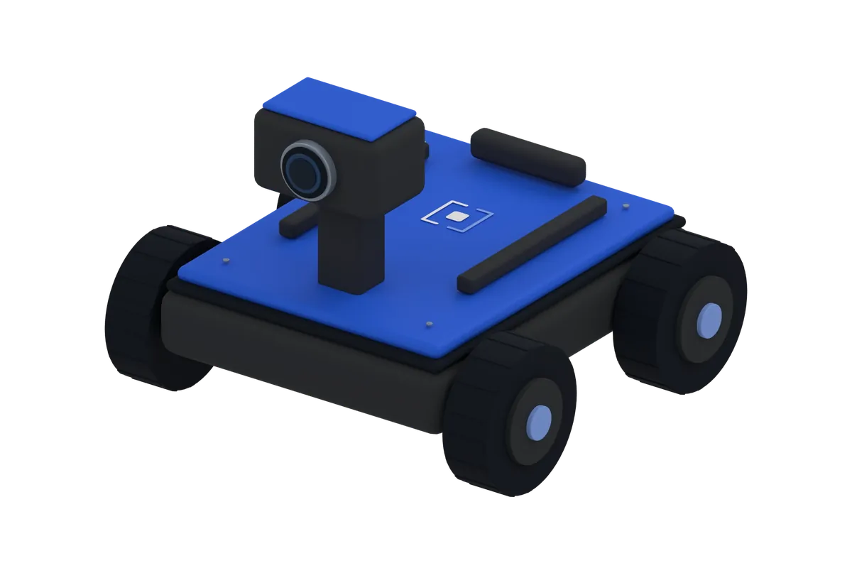 Concepto del Alba Rover: un robot educativo de cuatro ruedas con cámara, en grafito y azul