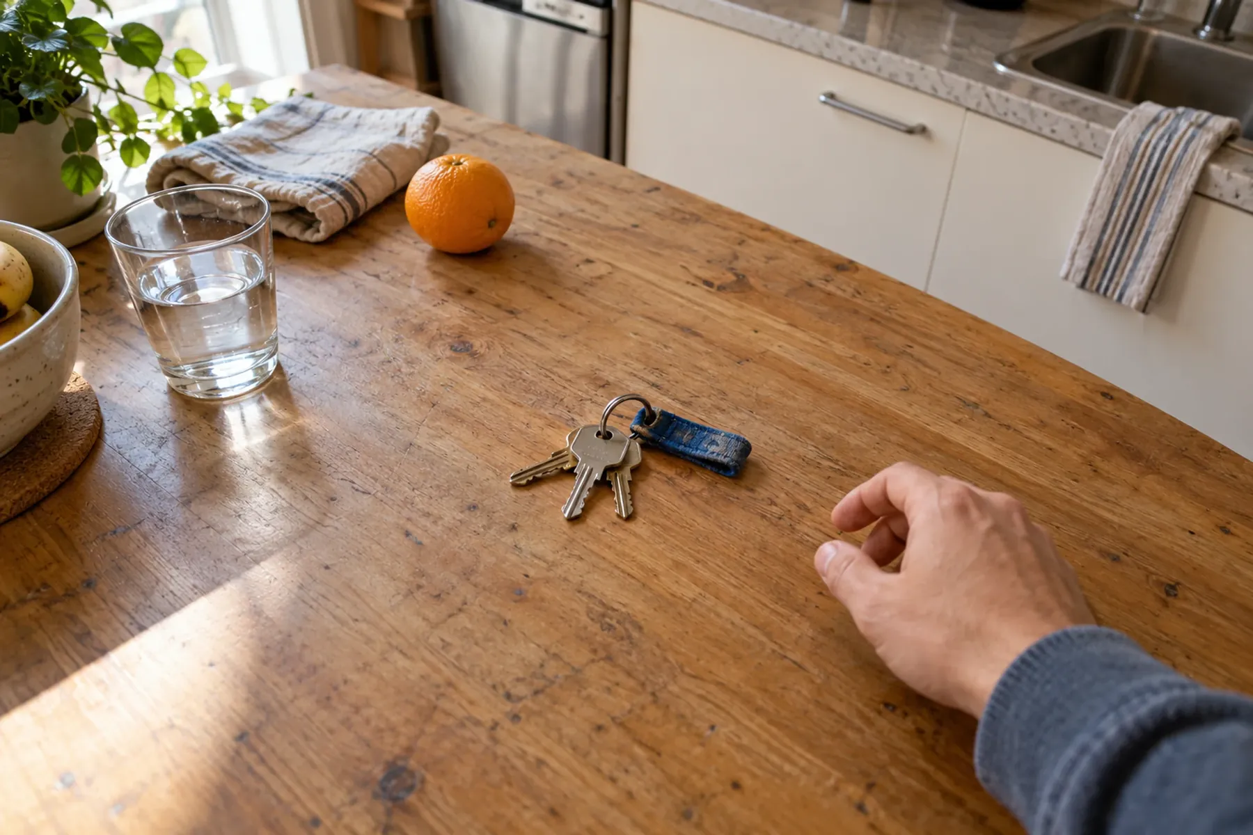 Lo que vería quien lleva los lentes: unas llaves sobre la mesa de la cocina