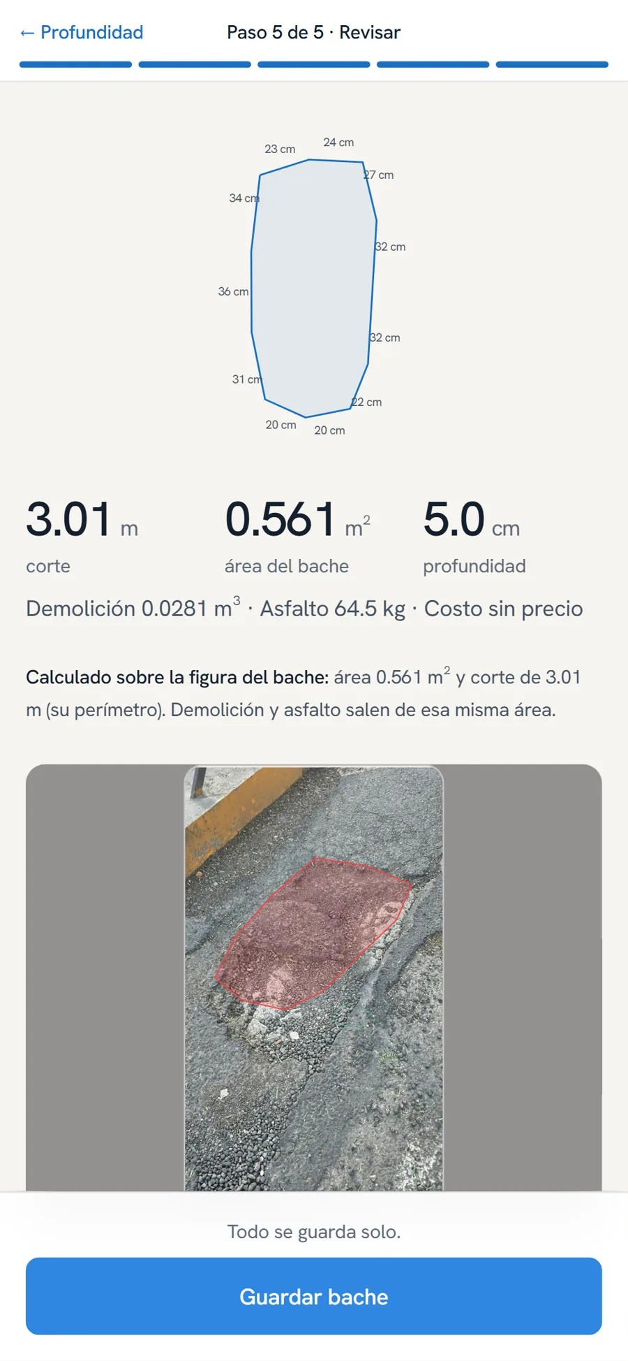 Detalle de la captura real de la app: plano de ejemplo con las medidas de sus lados