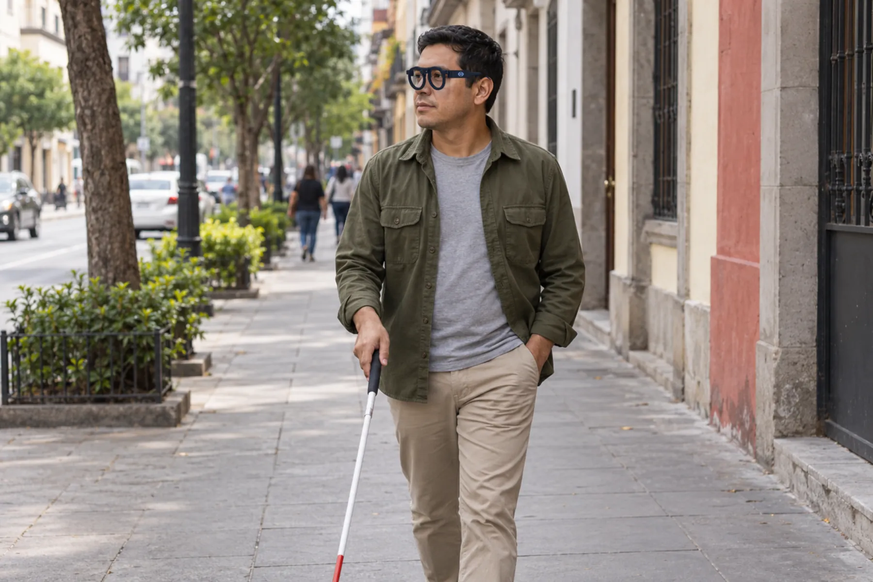 Un hombre camina por una banqueta de la ciudad con su bastón blanco y los lentes UNBLIND puestos