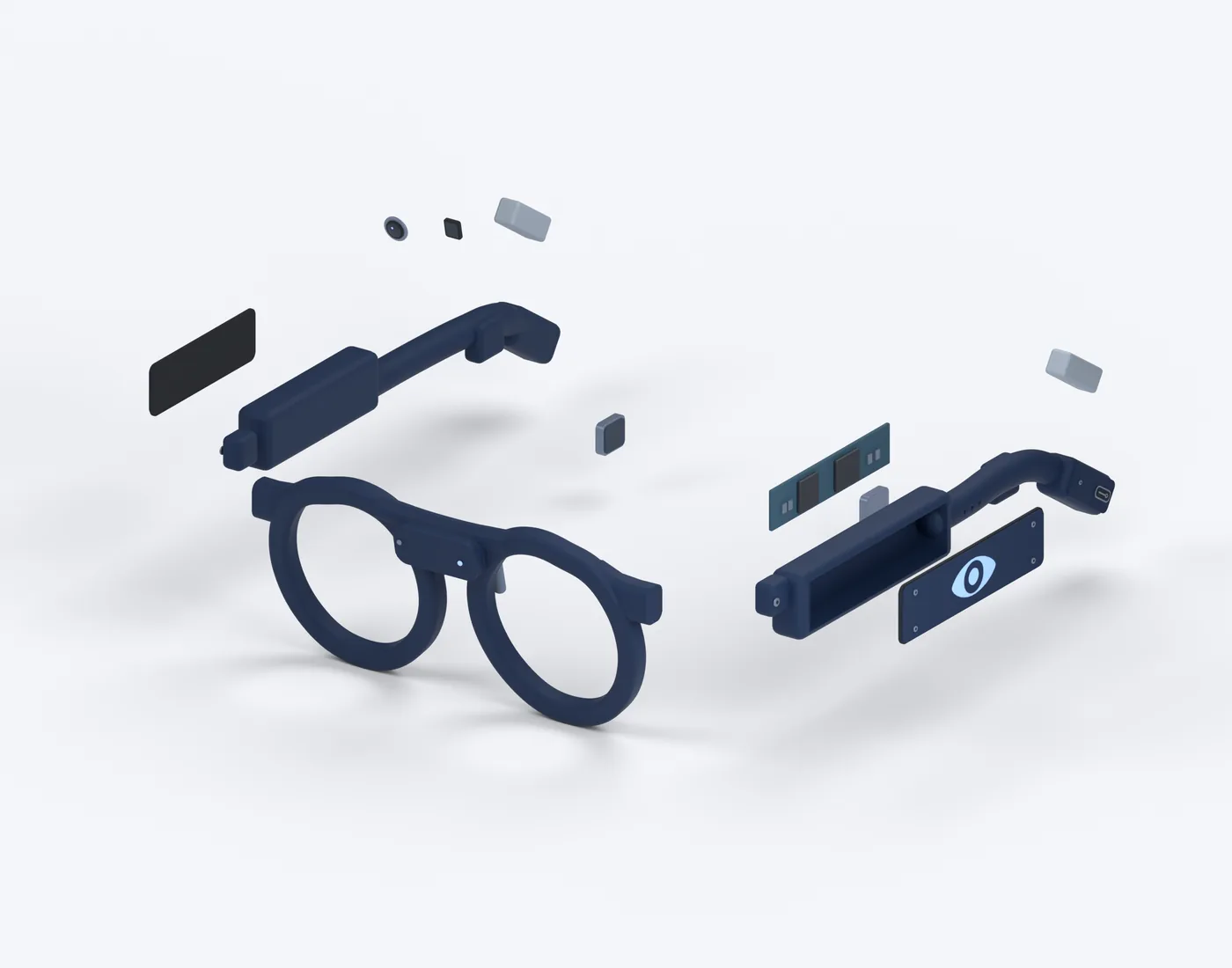 Los lentes UNBLIND separados en sus piezas: armazón, patillas, tapas, cámara, LiDAR, procesador, transductores de conducción ósea y baterías