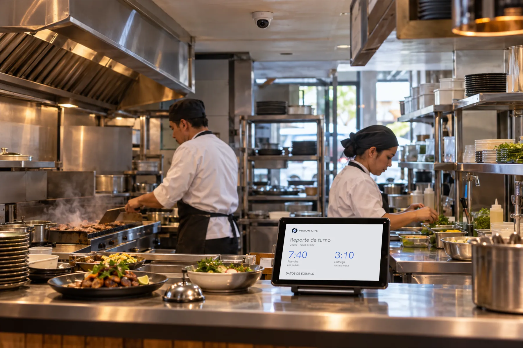 La cocina de un restaurante en servicio, con una cámara en el techo y una tableta en la barra con el reporte del turno